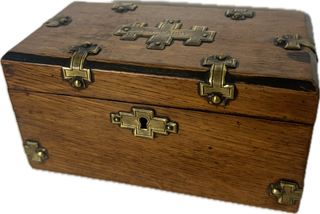 Antique English Oak wooden tea caddy with bronze mounts