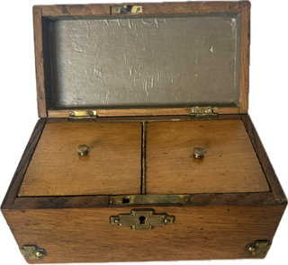 Antique English Oak wooden tea caddy with bronze mounts