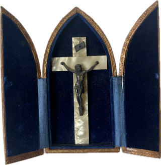 Antique French travel crucifix shrine