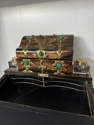 19th C. English Coromandel Wood, Brass and Malachite Stone Desk Set/Ink Well