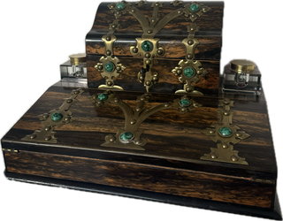 19th C. English Coromandel Wood, Brass and Malachite Stone Desk Set/Ink Well