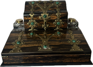 19th C. English Coromandel Wood, Brass and Malachite Stone Desk Set/Ink Well