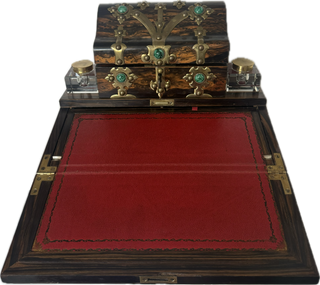 19th C. English Coromandel Wood, Brass and Malachite Stone Desk Set/Ink Well