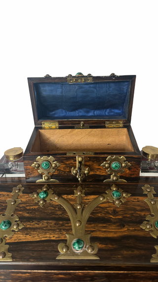 19th C. English Coromandel Wood, Brass and Malachite Stone Desk Set/Ink Well